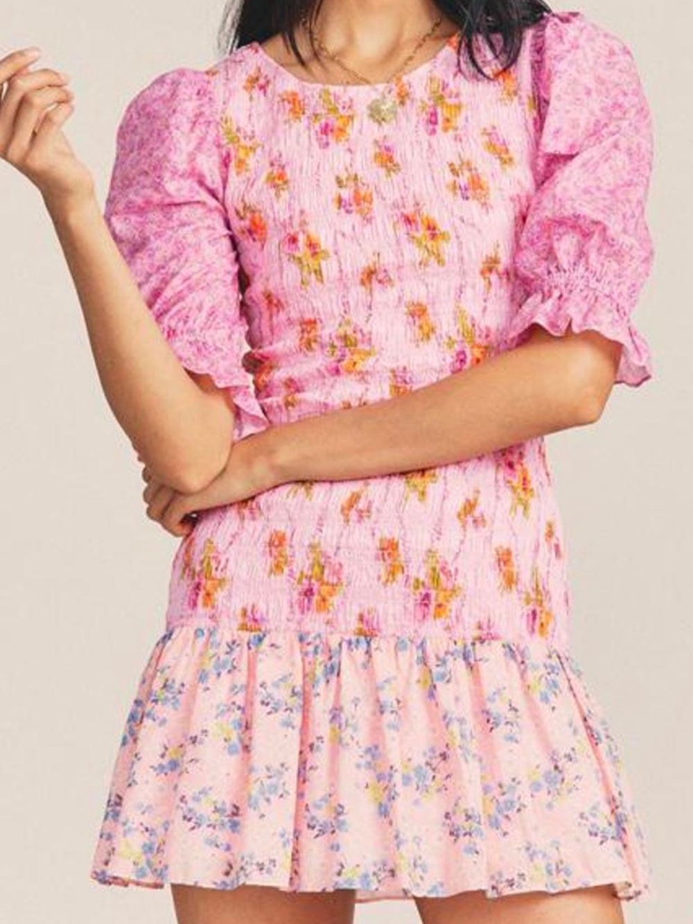 LoveShackFancy Pink Floral Smocked Mini Dress with Puff Sleeves